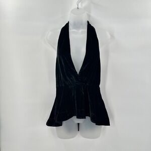 Y2K Black Velvet Halter Peplum Top size 2 Deep V Neck Party Evening Indie Sleaze